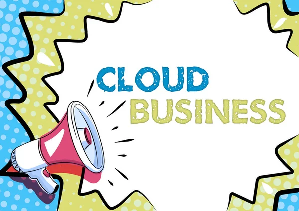 Pisanie wyświetlania tekstu Cloud Business. Biznes showcase dostawa usług internetowych udostępnionych użytkownikom Kolorowe wzornictwo Wyświetlanie ważnych wiadomości, Streszczenie Ogłoszenie Aktualności — Zdjęcie stockowe