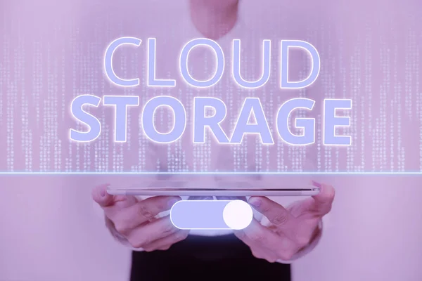 Sign displaying Cloud Storage. Business approach computing connect devices to cloud data on remote storage Lady In Uniform Standing Holding Tablet Showing Futuristic Technologies. — Stock Photo, Image