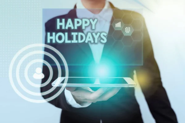 Hand writing sign Happy Holidays. Business showcase observance of the Christmas spirit lasting for a week Woman In Suit Standing Using Device Showing New Futuristic Virtual Tech. — 图库照片