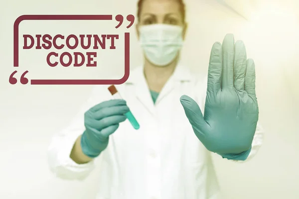 Teken met Discount Code. Business showcase om de prijs van een product te verlagen met een geïndividualiseerde voucher Studeren Nieuw ontdekte medicijnen Analyseren Geneeskunde Ontdekking — Stockfoto