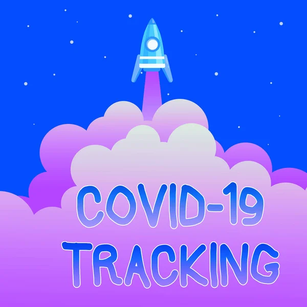 Text bildtext som presenterar Covid 19 Tracking. Internet Concept Utmärkande process för möjliga smittade individer Sammanfattning Att nå toppnivå, Rocket Science Presentation Designar — Stockfoto