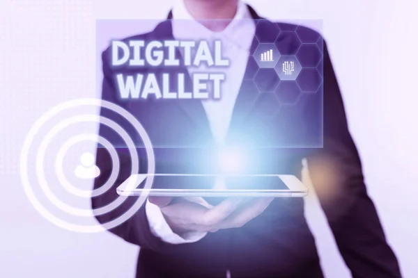 Sign displaying Digital Wallet. Business showcase a financial account that allows creating an online transaction Woman In Suit Standing Using Device Showing New Futuristic Virtual Tech.