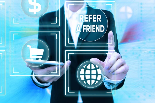 Conceptual caption Refer A Friend. Business showcase direct someone to another or send him something like gift Lady In Uniform Holding Phone Pressing Virtual Button Futuristic Technology.