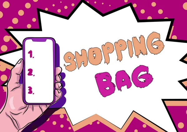 मजकूर मथळा खरेदी बॅग सादर करणे. महत्वाची माहिती प्रदर्शित करणारे वैयक्तिक मालमत्ता किंवा खरेदी वाहून नेण्यासाठी संकल्पनात्मक फोटो कंटेनर, स्मार्टफोन अनुभव सादर करणे — स्टॉक फोटो, इमेज