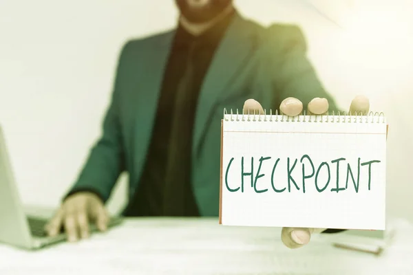 Sign displaying Checkpoint. Business showcase manned entrance, where travelers are subject to security checks Lawyer Explaining Trial Proceedings, Real Estate Agent Offering Property — Stock Photo, Image