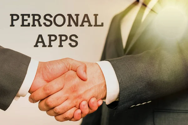 Text showing inspiration Personal Apps. Business idea Organizer Online Calendar Private Information Data Two Professional Well-Dressed Corporate Businessmen Handshake Indoors — Stock Photo, Image