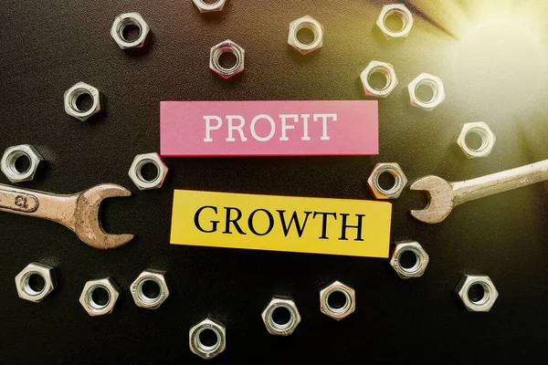 Text caption presenting Profit Growth. Concept meaning Objectives Interrelation of Overall Sales Market Shares Workshop Improvement Ideas Productivity Inspirations And Solutions — Stock Photo, Image