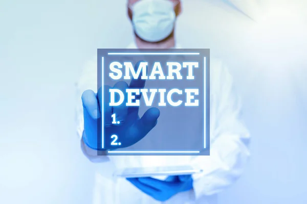 El yazısı işareti Smart Cihaz. Paylaşımı birbirine bağlayabilen Elektronik aygıt kavramının Tıbbi Teknoloji ile etkileşimi, Sunar Yeni Bilimsel Keşif — Stok fotoğraf