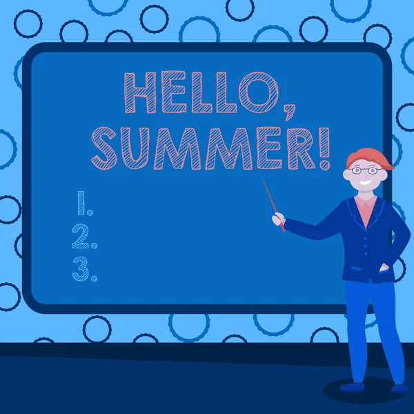 Kavramsal manşet Merhaba, Summer. Yılın sıcak mevsimi geldiğinde kullanılan İnternet Kavramsal Tebrik Dersleri Verme, Açıklama ve Raporlama Konsepti — Stok fotoğraf