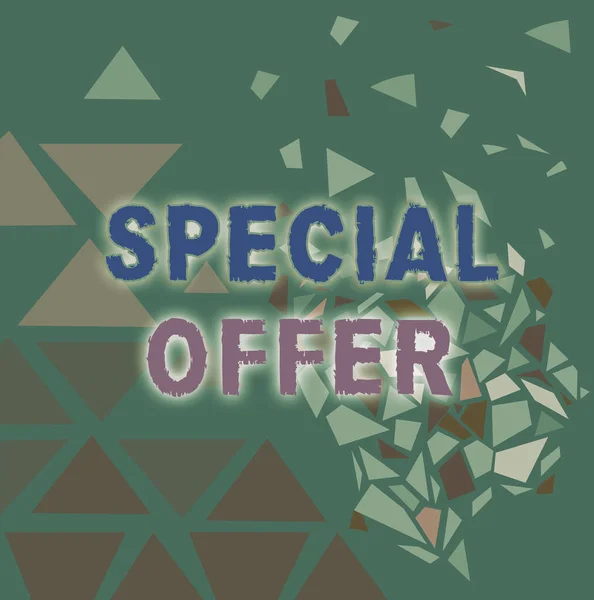 Hand writing sign Special Offer. Concept meaning selling product or service at a lower price to attract customer Colorful Wallpaper Image, Shatter Effect Design, Geometric Pattern Designs — Stock Photo, Image
