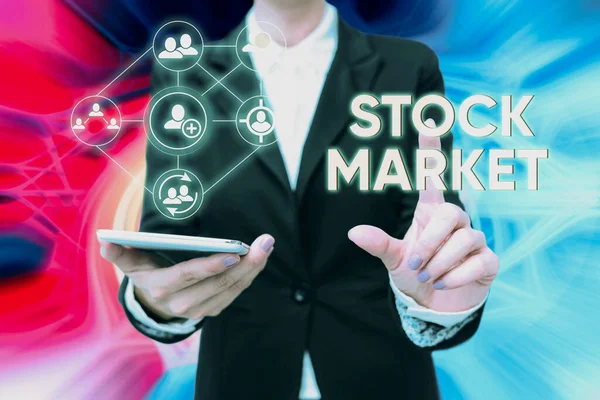 Handwriting text Stock Market. Business idea Particular market where stocks and bonds are traded or exhange Lady In Uniform Holding Phone Pressing Virtual Button Futuristic Technology. — Stock Photo, Image