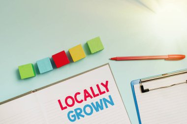 Yerel olarak yetiştirildiğini gösteren bir tabela. Üretilen Tarımsal Kırsal Taze Sebze Yığını Üzerine Yazılan Sözcük Yüzeyde Çok Renkli Dörtgen Kutular