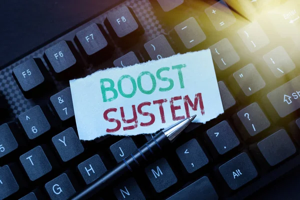 Texto de escritura a mano Boost System. Enfoque empresarial Rejuvenecer Actualizar Fortalecer Ser más saludable Enfoque holístico Crear revistas en línea, Escribir nuevos artículos, Crear nuevos titulares — Foto de Stock