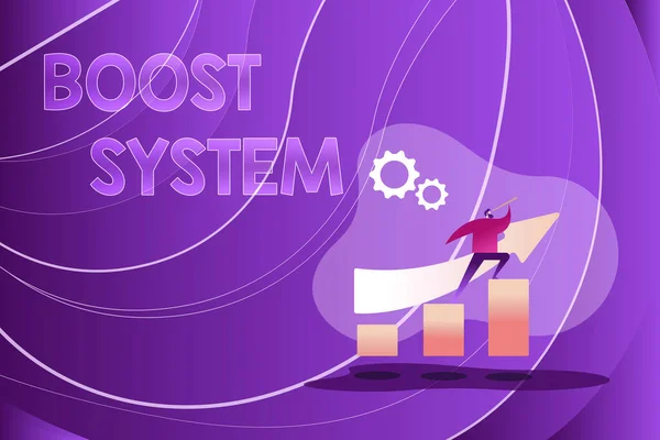 Концептуальный дисплей Boost System. Омоложение бизнес-подхода Укрепление здорового целостного подхода Красочные изображения Прогресс, Абстрактное лидерство и движение вперед — стоковое фото