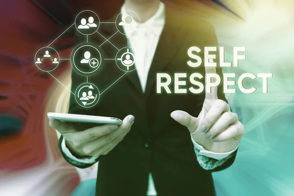 Conceptual display Self Respect. Business overview Pride and confidence in oneself Stand up for yourself Lady In Uniform Holding Phone Pressing Virtual Button Futuristic Technology.