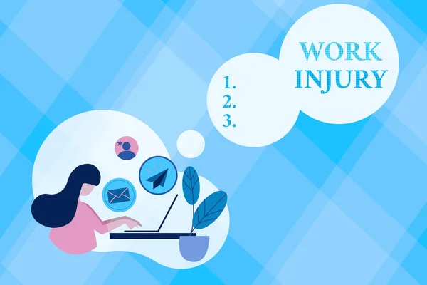 Text caption presenting Work Injury. Business showcase Accident in job Danger Unsecure conditions Hurt Trauma Abstract Internet Browsing And Sending Emails, Remote Online Work Concept