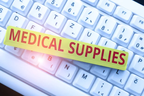 Text showing inspiration Medical Supplies. Business overview Items necessary for treatment of illness or injury Typing Cooking Lesson Guidebook, Retyping New Online Guidelines — Stock Photo, Image