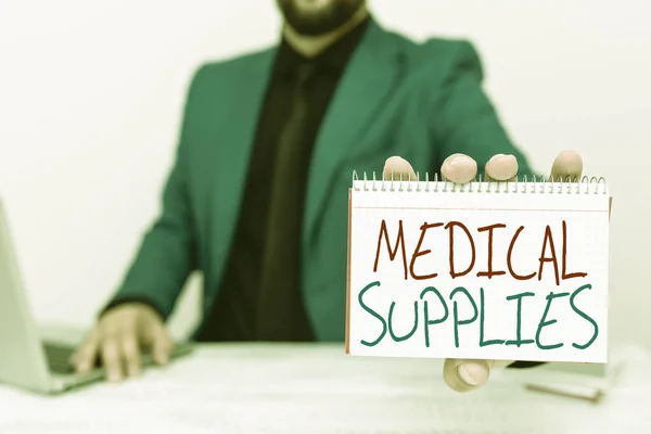 Text caption presenting Medical Supplies. Internet Concept Items necessary for treatment of illness or injury Lawyer Explaining Trial Proceedings, Real Estate Agent Offering Property — Stock Photo, Image