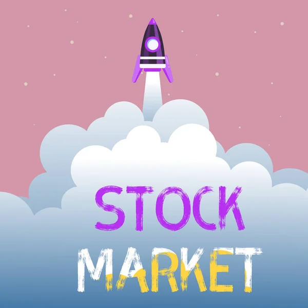Handwriting text Stock Market. Business showcase Particular market where stocks and bonds are traded or exhange Abstract Reaching Top Level, Rocket Science Presentation Designs — Stock Photo, Image