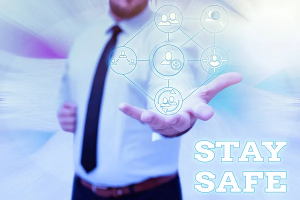 Conceptual caption Stay Safe. Business showcase secure from threat of danger, harm or place to keep articles Gentelman Uniform Standing Holding New Futuristic Technologies. — Stock Photo, Image