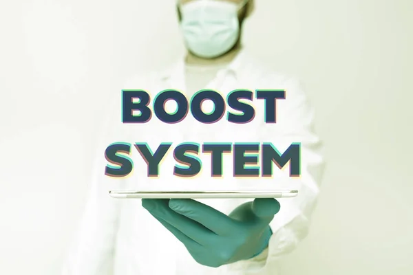 Schreiben von Textanzeigen Boost System. Business approach Rejuvenate Upgrade Strengthen Be Healthier Holistic approach Demonstrating Medical Technology Presenting New Scientific Discovery — Stockfoto