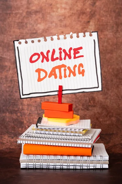 Text caption presenting Online Dating. Internet Concept Searching Matching Relationships eDating Video Chatting Organized And Neat Sorting Arrangement Files And Document Storing Ideas — Stock Photo, Image