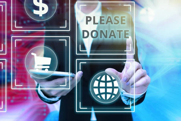 Writing displaying text Please Donate. Business approach Supply Furnish Hand out Contribute Grant Aid to Charity Lady In Uniform Holding Phone Pressing Virtual Button Futuristic Technology.