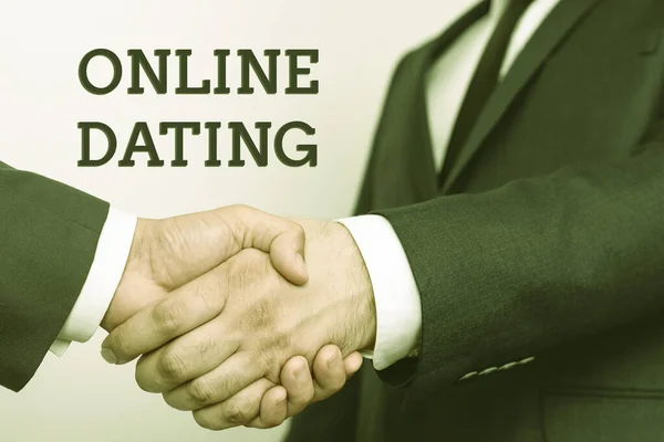 Conceptual display Online Dating. Conceptual photo Searching Matching Relationships eDating Video Chatting Two Professional Well-Dressed Corporate Businessmen Handshake Indoors — Stock Photo, Image
