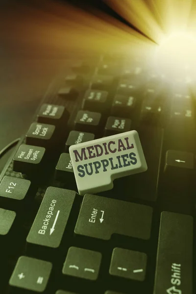 Conceptual caption Medical Supplies. Internet Concept Items necessary for treatment of illness or injury Fixin G Coding String Arrangement, Typing Program Glitch Fix Codes — Stock Photo, Image