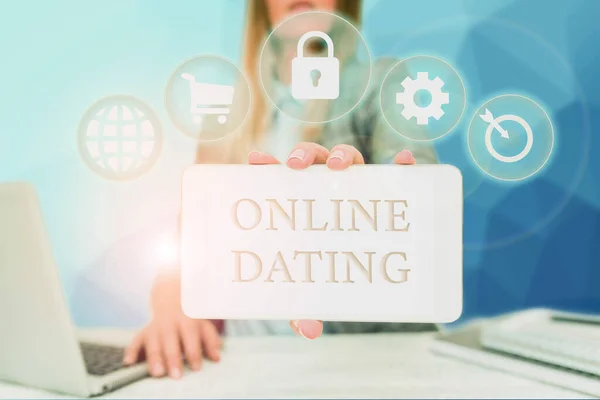 Text showing inspiration Online Dating. Business overview Searching Matching Relationships eDating Video Chatting Business Woman Sitting In Office Holding Mobile Displaying Futuristic Ideas. — Stock Photo, Image