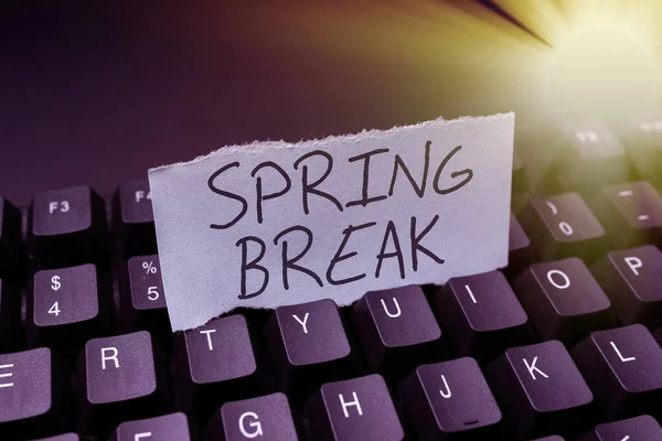 Writing displaying text Spring Break. Business idea Vacation period at school and universities during spring Creating Online Journals, Typing New Articles, Making New Headlines — Stock Photo, Image