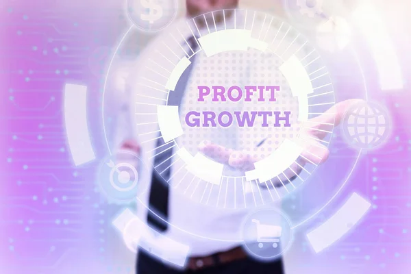 Segno di scrittura a mano Profit Growth. Internet Concetto Obiettivi Interrelazione tra le quote di mercato globali di vendita Gentelman Uniform Standing Holding Nuove tecnologie futuristiche. — Foto Stock