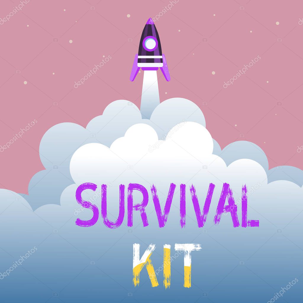 Text sign showing Survival Kit. Word for Emergency Equipment Collection of items to help someone Abstract Reaching Top Level, Rocket Science Presentation Designs