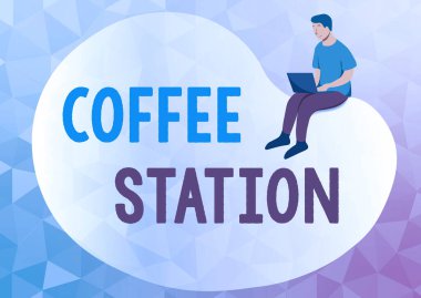 Kahve istasyonunu sunan metin başlığı. İş yaklaşımı, tipik olarak sıcak içecekler sunan küçük, gayri resmi bir restoran Soyut Yayılan Mesaj Çevrimiçi, Küresel Bağlantı Konseptleri