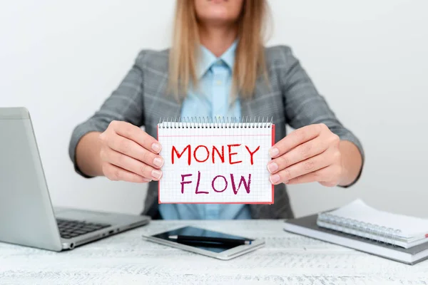 Signe d'écriture à la main Money Flow. Mot pour il est un indicateur de positif ou négatif dans un conseiller financier de jour en cours Donner des conseils d'économie d'argent, Entrepreneur Discuter offres — Photo