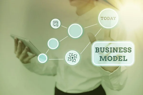 Ручной знак Business Model. Модель бизнес-идеи, показывающая, как компания работает, чтобы генерировать больше прибыли Lady Holding Tablet нажав на виртуальную кнопку отображения футуристических технологий. — стоковое фото