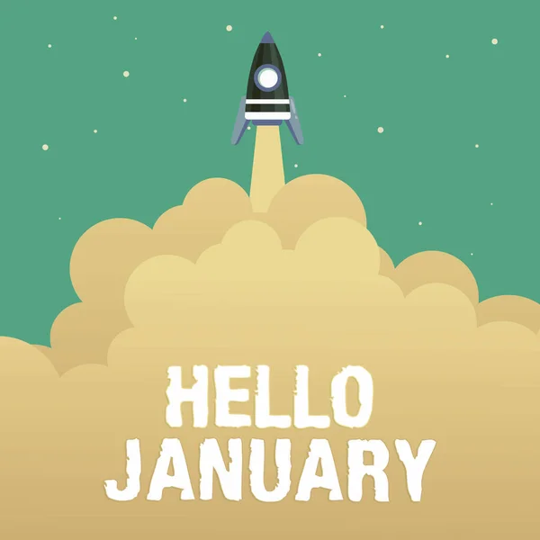 Textschild mit Hallo Januar. Geschäftskonzepte zur Begrüßung des 1. Monats des Jahres Abstract Erreichen des Top-Levels, Rocket Science Präsentationsdesigns — Stockfoto