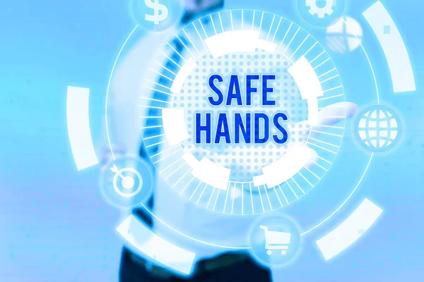 Kézírás szöveg Biztonságos kezek. Koncepció jelentése Biztosítása a sterilitás és tisztaság a kezek fertőtlenítés Gentelman Egyenletes Álló Holding Új Futuristic Technologies. — Stock Fotó