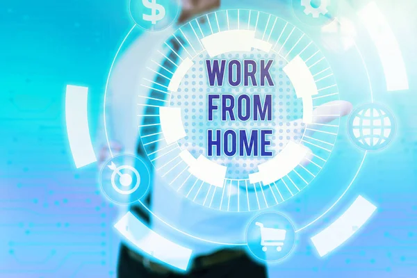 Inspiration showing sign Work From Home. Word Written on communicating with the company mainly from home flexibly Gentelman Uniform Standing Holding New Futuristic Technologies. — Stock Photo, Image