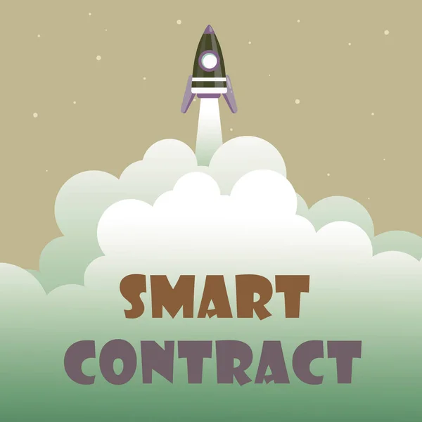 Firma mostrando Smart Contract. Idea de negocio acuerdo digital para controlar la transferencia de monedas digitales Abstract Reaching Top Level, Rocket Science Presentation Designs — Foto de Stock