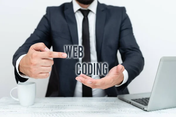 Text showing inspiration Web Coding. Internet Concept a system of symbols and rules used to represent instructions Remote Office Work Online Presenting Business Plan And Designs