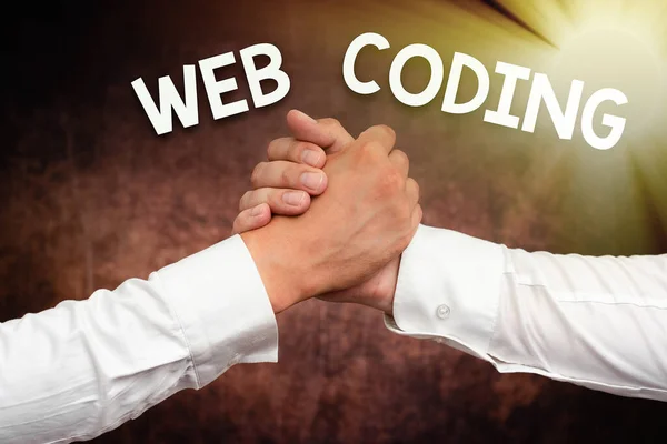 Handschrift Zeichen Web Coding. Geschäftsübersicht über ein System von Symbolen und Regeln, die verwendet werden, um Anweisungen darzustellen Zwei professionelle gut gekleidete Geschäftsleute Handschlag drinnen — Stockfoto