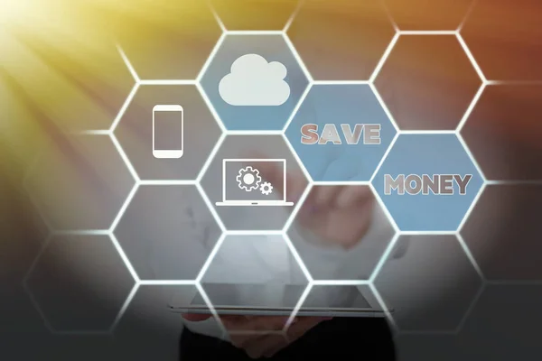 Inspiration showing sign Save Money. Business concept to budget or put money aside for the future or emergency Lady Holding Tablet Pressing On Virtual Button Showing Futuristic Tech.