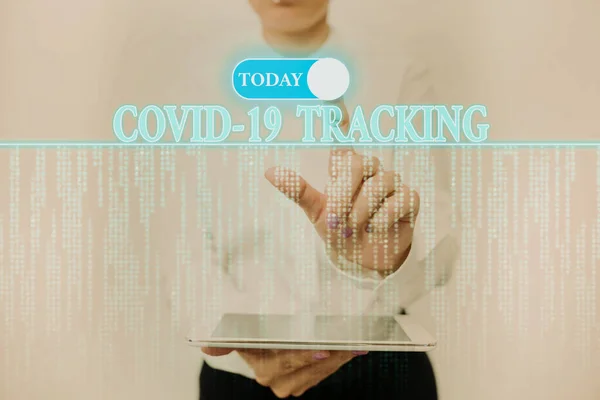 Text bildtext som presenterar Covid 19 Tracking. Word Skrivet på Skilja process av möjliga infekterade individer Lady Holding Tablet Tryck på Virtuell Knapp Visar Futuristiska Tech. — Stockfoto
