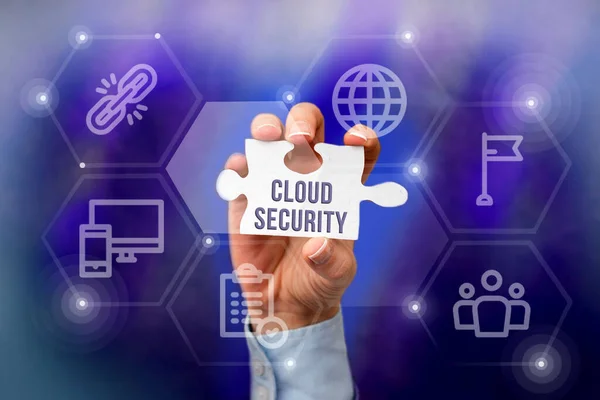 Writing displaying text Cloud Security. Word for Imposing a secured system of existing data in the Internet Hand Holding Jigsaw Puzzle Piece Unlocking New Futuristic Technologies. — 图库照片
