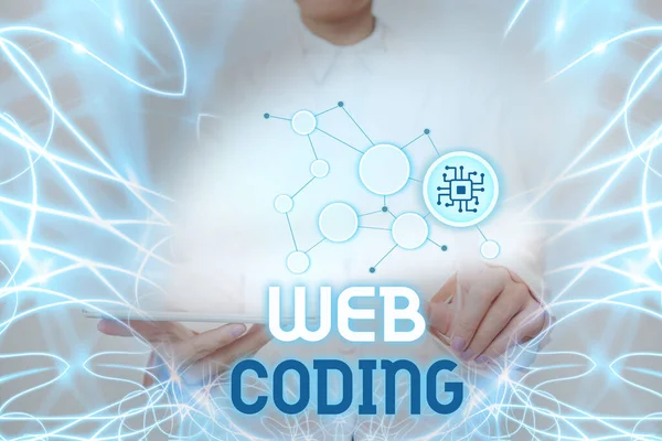 Handwriting text Web Coding. Business overview a system of symbols and rules used to represent instructions Lady Holding Tablet Pressing On Virtual Button Showing Futuristic Tech.