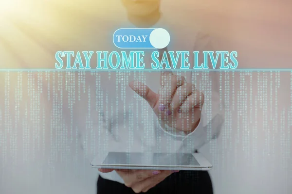 생명을 구하기 위해 집에 남아 있다. 비즈니스 컨셉은 가상 버튼을 보여 주는 가상 버튼 을 누르고 집을 나서지 않음으로써 감염 된 환자의 수를 줄인다.. — 스톡 사진