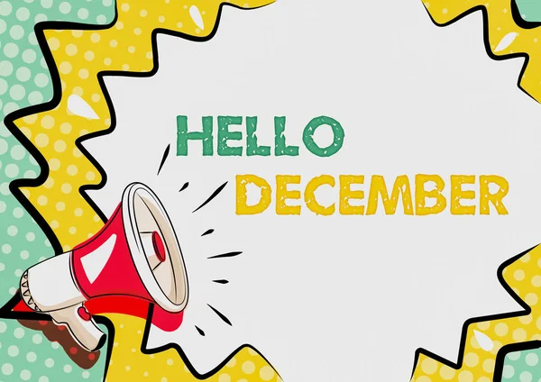 Υπογραφή εμφάνισης Hello Δεκεμβρίου. Χαιρετισμός επιχειρηματικής ιδέας που χρησιμοποιήθηκε για το καλωσόρισμα του δωδέκατου μήνα του έτους Πολύχρωμο Design Εμφάνιση Σημαντικού μηνύματος, Περίληψη Ανακοινώσεων Νέα — Φωτογραφία Αρχείου