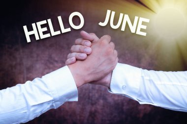 Kavramsal başlık Merhaba June. Eğlence ve macera amaçlı aktivitelerinizi planlamak için yeni bir ayda kavramsal fotoğraf. İki profesyonel iyi giyimli iş adamı kapalı mekanda el sıkışıyor.
