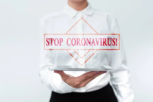 Ручная надпись Stop Coronavirus. Обзор бизнеса Кампания по информированию о болезнях, направленная на уменьшение случаев COVID19, представляющих новые технологии Идеи обсуждения технологического усовершенствования — стоковое фото